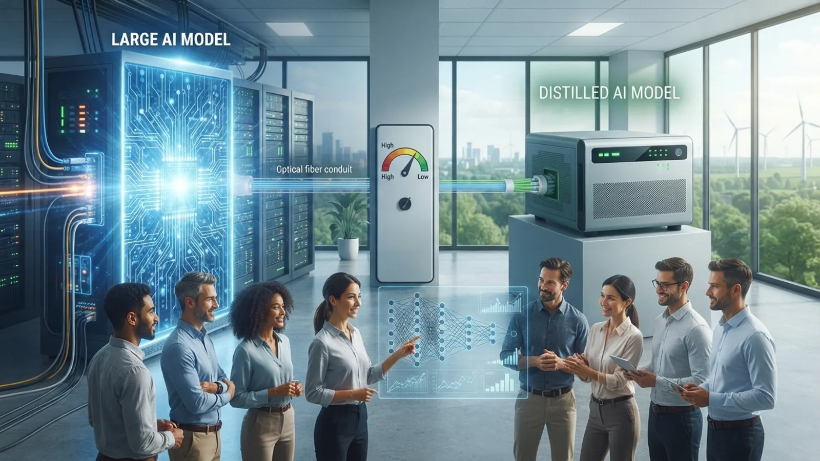 Imagem de destaque do artigo: Destilação de Modelos de IA: Eficiência Energética e Sustentabilidade Corporativa